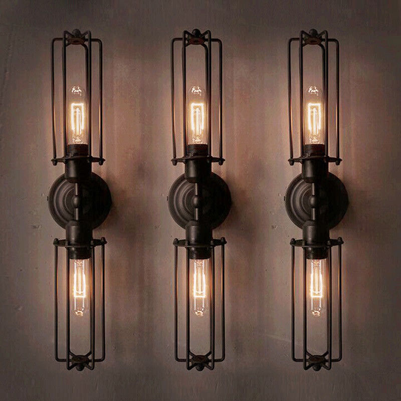 Industrial Retro 2 Light Double Head Mini Long Cage Shade Metal Wall Sconce